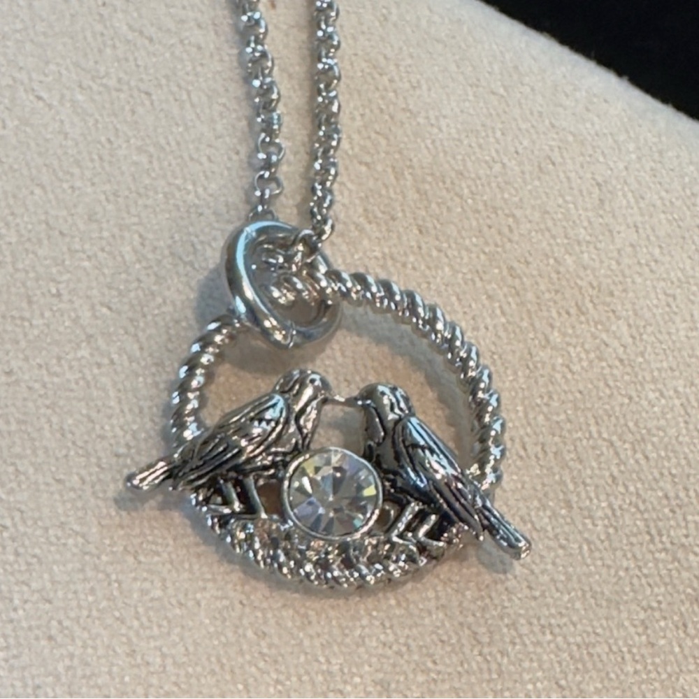 Lia Sophia Love Birds Nest Pendant Necklace CZ Crystal Silver Tone NWT